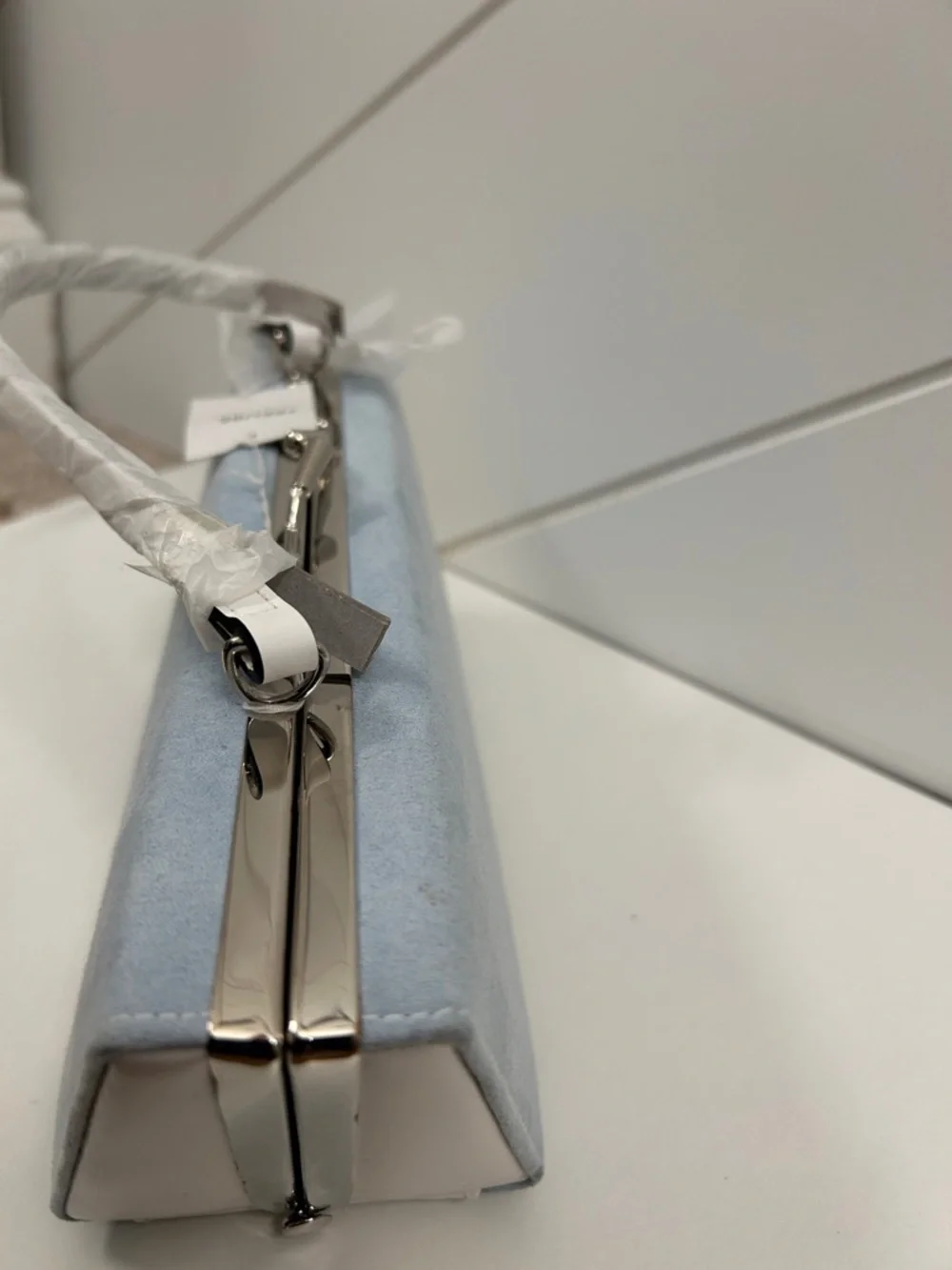 Barneys New York Elegant Light Blue Suede Top-Handle Clutch - Picture 4 of 5